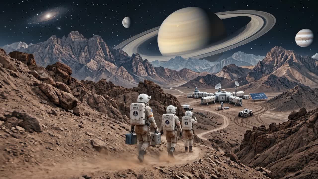 Astronautit kävelevät vieraalla planeetalla kohti avaruussiirtokuntaa