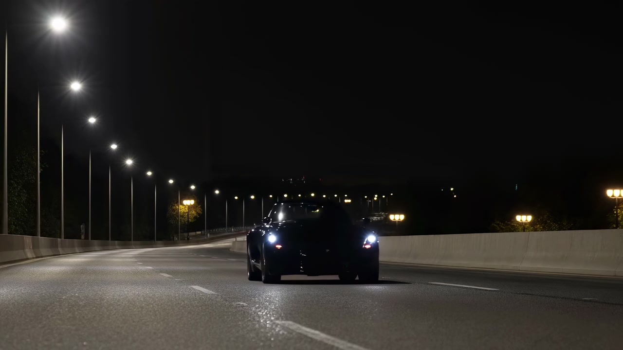 人気のない夜の道路または橋が明るい街灯に照らされ、中央右寄りには停車した車があり、その近くには暗闇の中に2つの小さな人影が立っている。