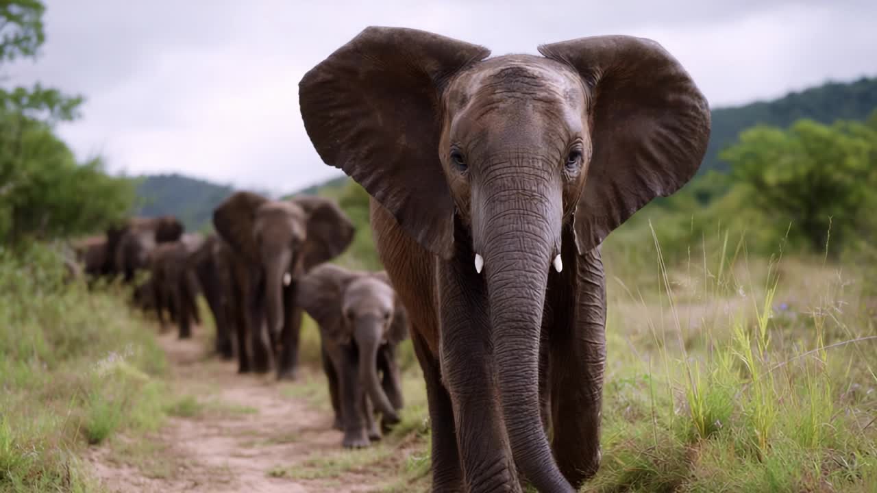 A Majestic Herd of Elephants Walking Gracefully Through Their Natural Habitat, Showcasing the Strong Bonds and Family Structure of These Gentle Giants in a Beautiful Landscape