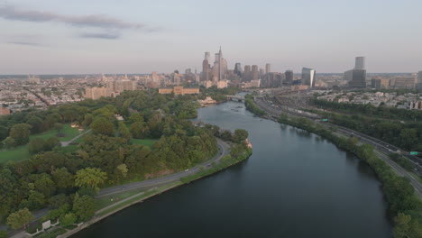 aerial view of downtown philadelphia. shot along the schuylkill river on a summer day
