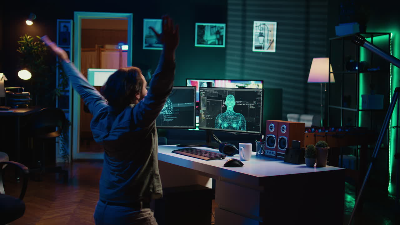 científico informático loco haciendo reverencia de adoración delante de ai consciente de sí mismo