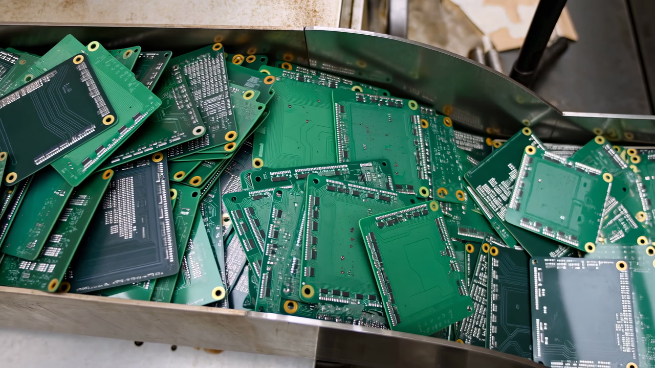 Green Printed Circuit Boards On Conveyor, Metal Tray Filled With Stacked PCBs, Goldplated Vias And Copper