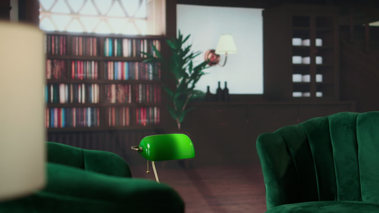 elegante sala de estudio verde con estantería