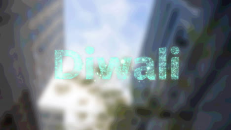 animation of diwali text and fireworks over out of focus cityscape in background