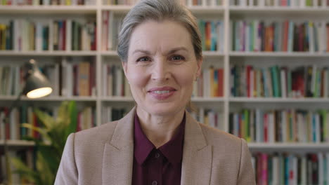 close up portrait of happy senior business woman executive smiling enjoying successful corporate career in bookshelf background