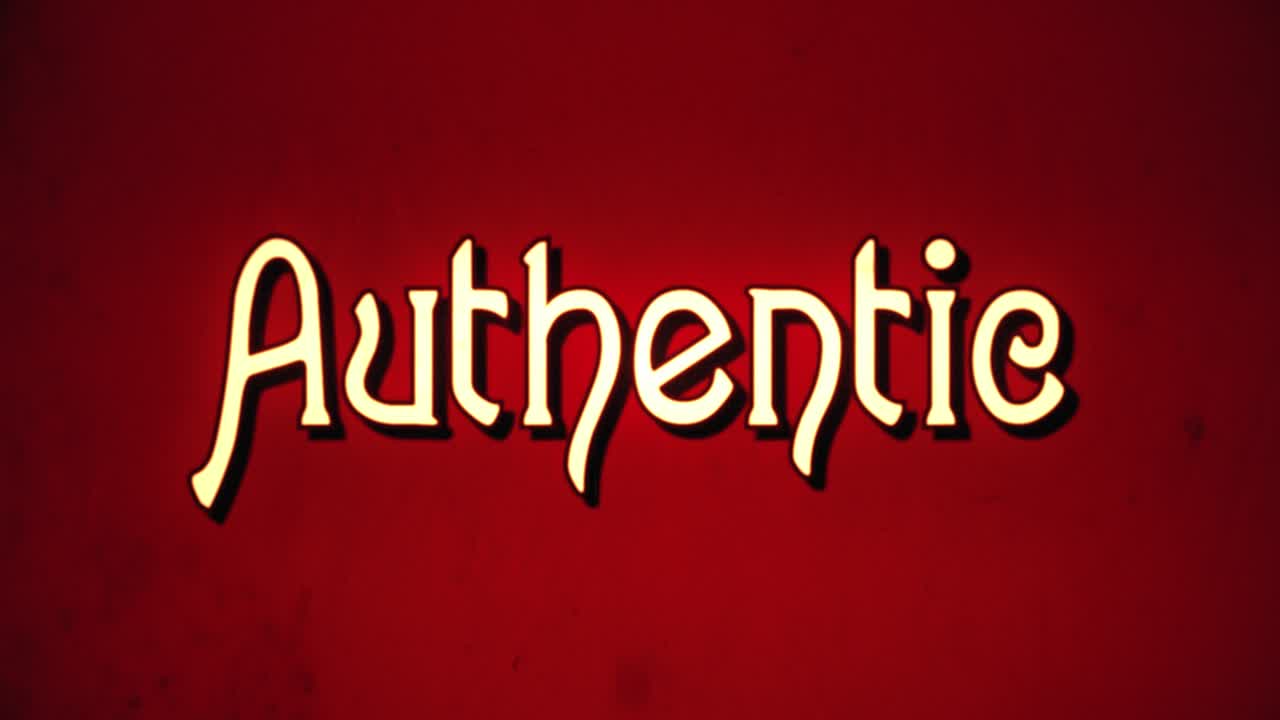 A text message, fancy retro font, 1970s damaged film style, appearing with a letter enlargement animation: Authentic
