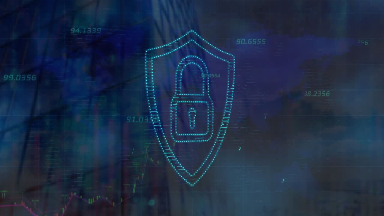 animación del punto de luz, procesamiento de datos, icono de candado de seguridad contra el mapa del mundo y el edificio alto