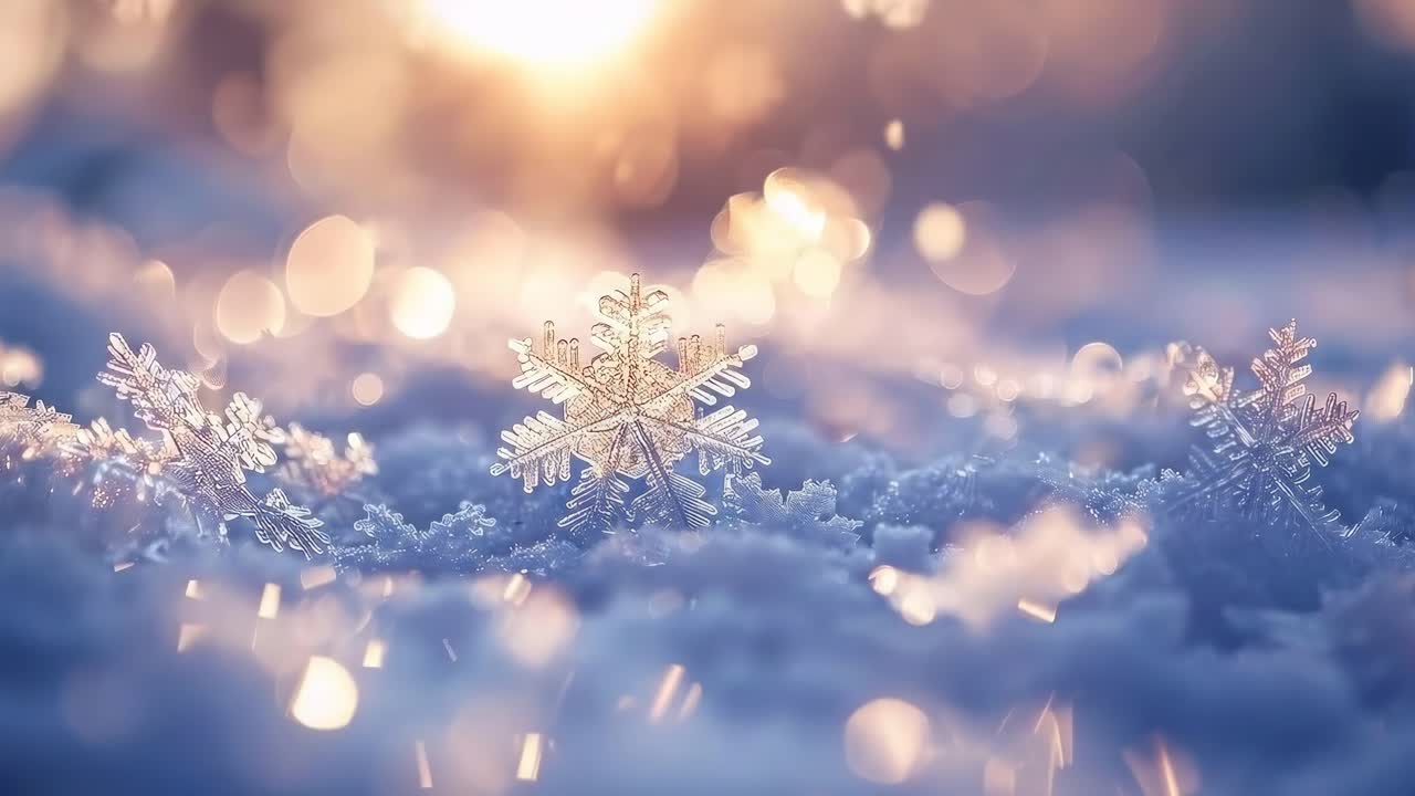 Close-up video shot of delicate snowflakes on a snowy surface, capturing the soft glow of sunlight