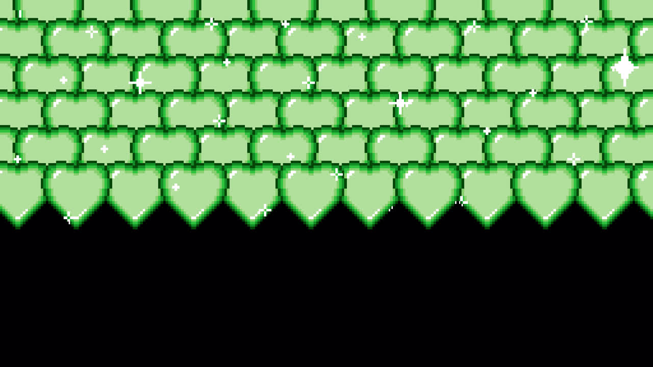 Repeating Green Pixel Art Pattern with Hearts or Bubbles and Sparkles