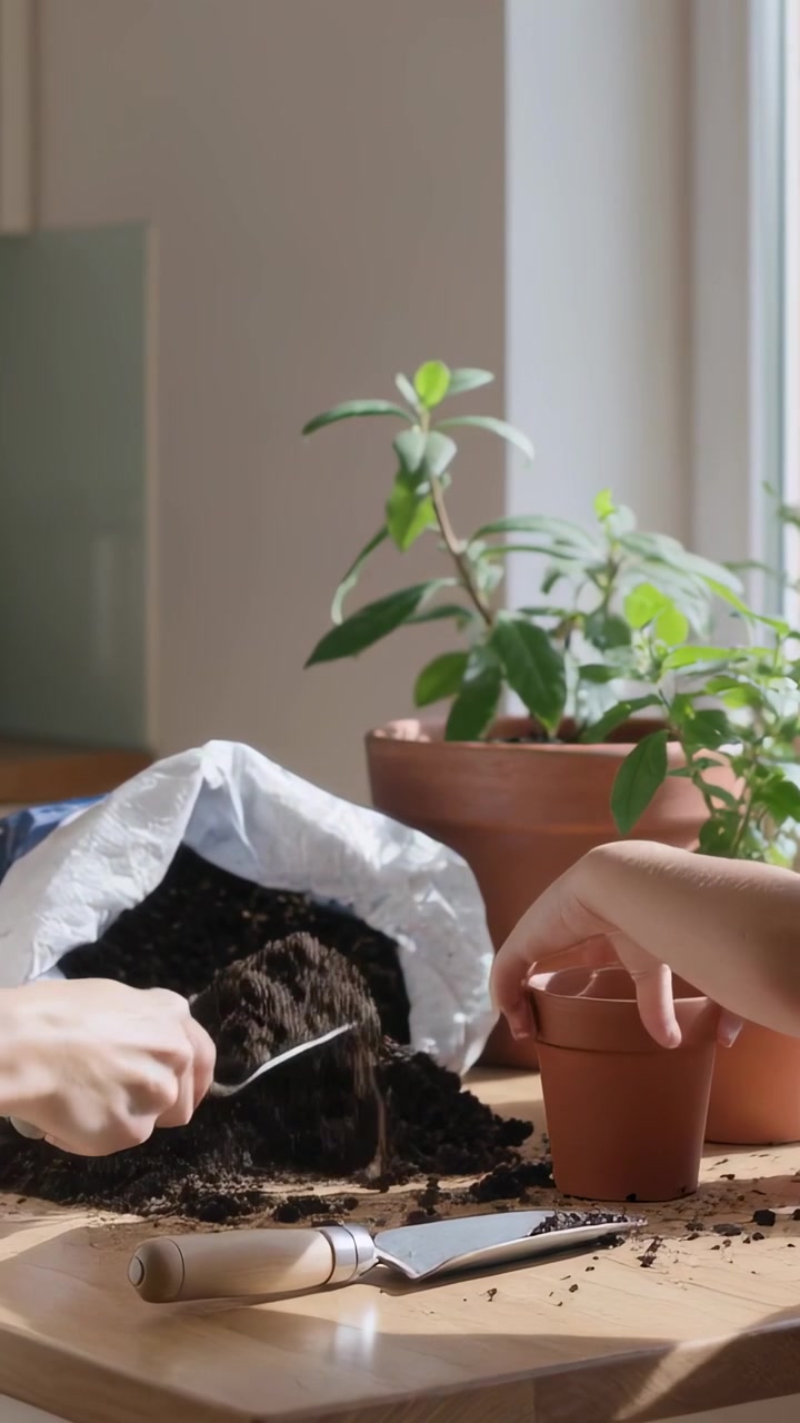 Video verticale: Donna con un top color crema che apre un sacchetto, invasatura una pianta con terriccio usando una paletta a un tavolo soleggiato.