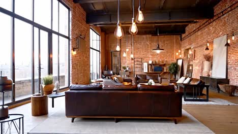 stylish loft apartment living room with brick walls and leather sofas