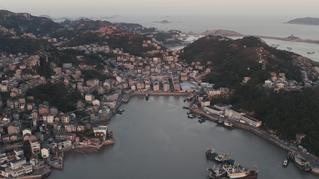 Seaside port with residental houses around, in Taizhou, Zhejiang.