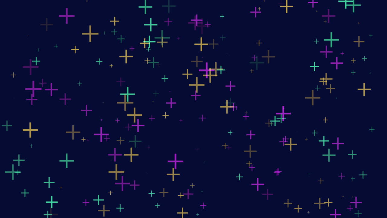 Seamless abstract footage of colorful plus sign particles floating on a dark blue background, ideal as a modern motion backdrop for titles, presentations, social media and digital projects