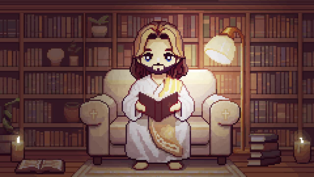 Jesus sits on a beige sofa reading a book, surrounded by bookshelves, soft lighting, candles, and a warm, peaceful library atmosphere.