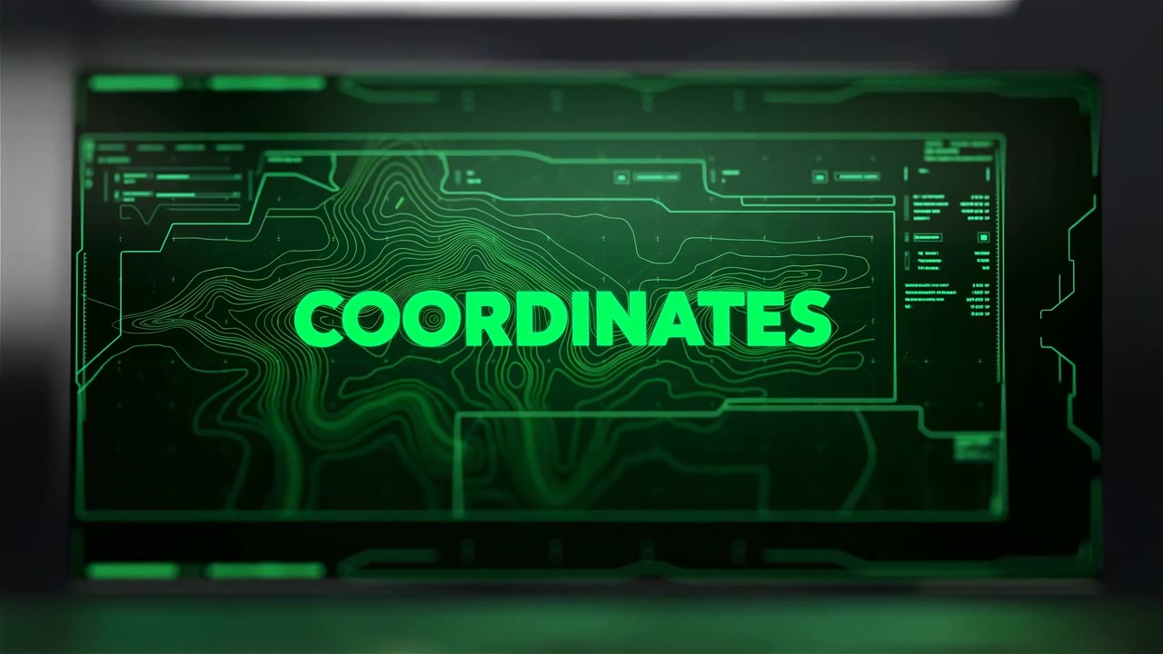 Temporal title sequence showing neon green word COORDINATES moving from early diagonal outline reveal to centered full-word display by midpoint and holding