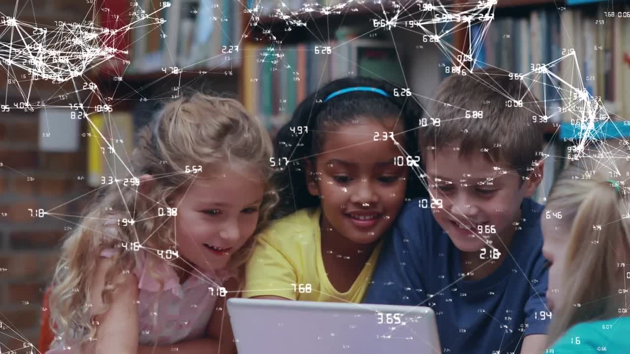 Animation of kids in a classroom over data processing in the background
