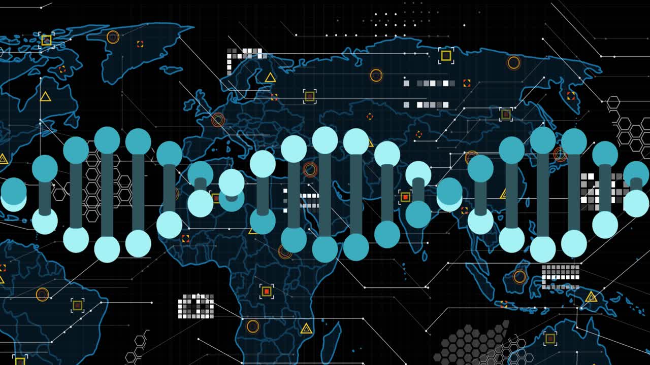 Animation of dna structure spinning over world map and data processing against black background