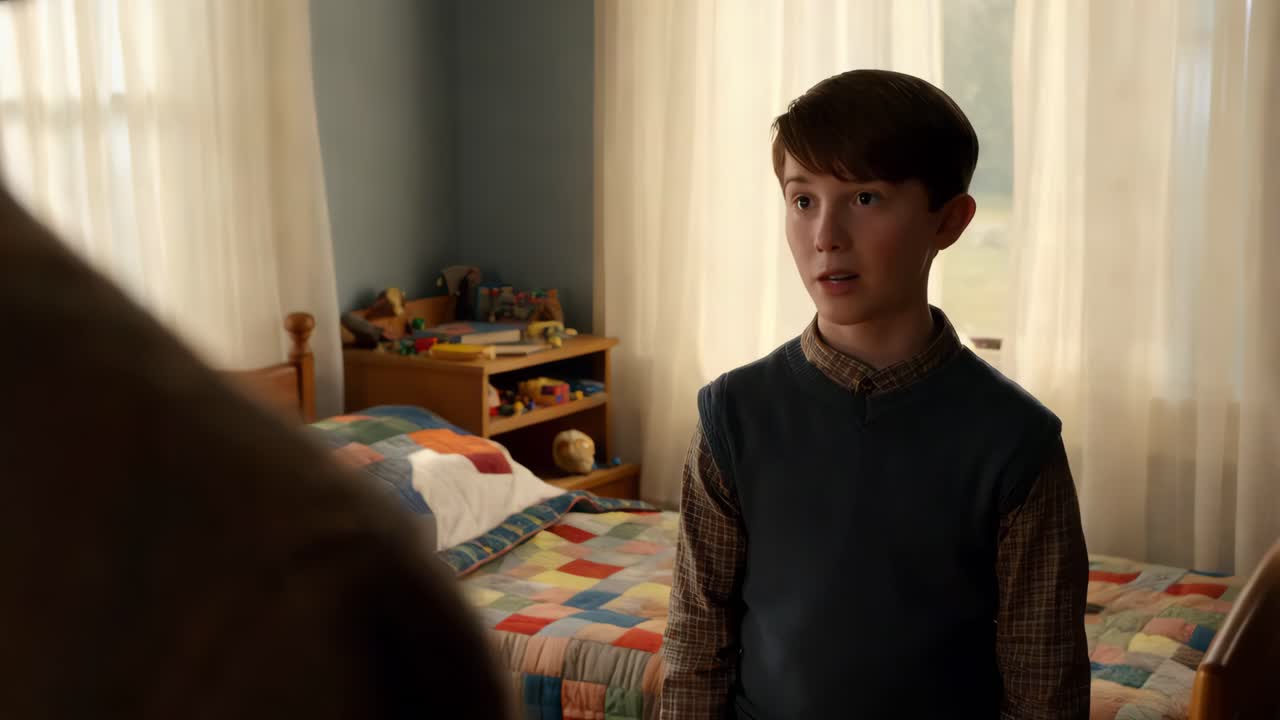 레트로 침실에서 얘기하는 소년