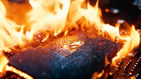 a close up of a computer chip on fire