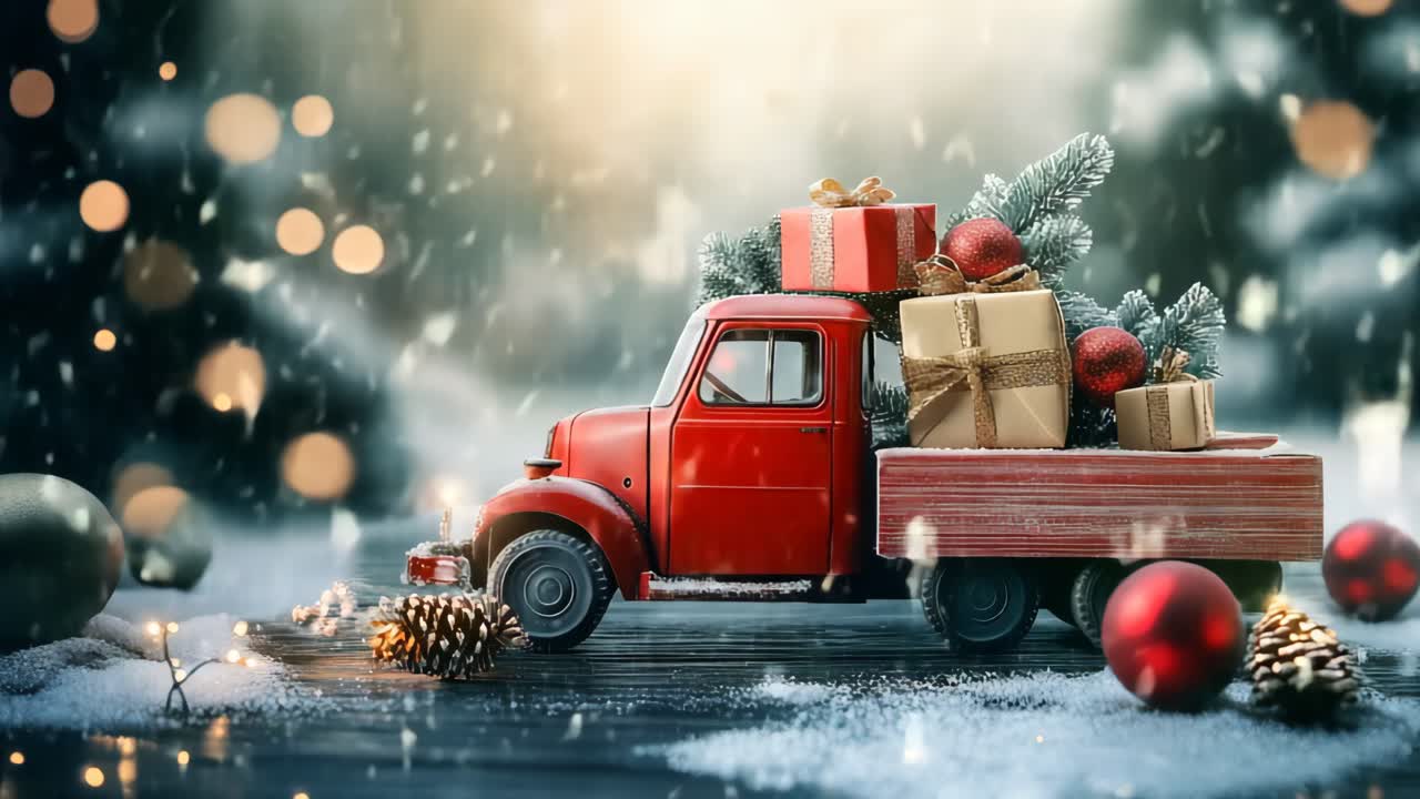 Vintage Red Truck Loaded with Christmas Gifts in the Snow
