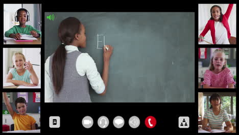 composite video call interface with diverse smiling female teacher and six childrenin online lesson