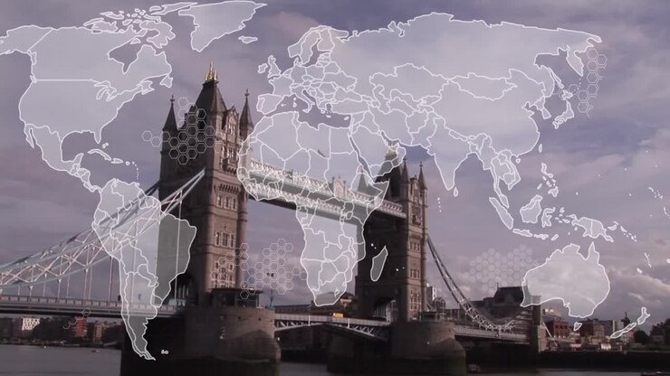 Animation of world map and data processing against view of london bridge