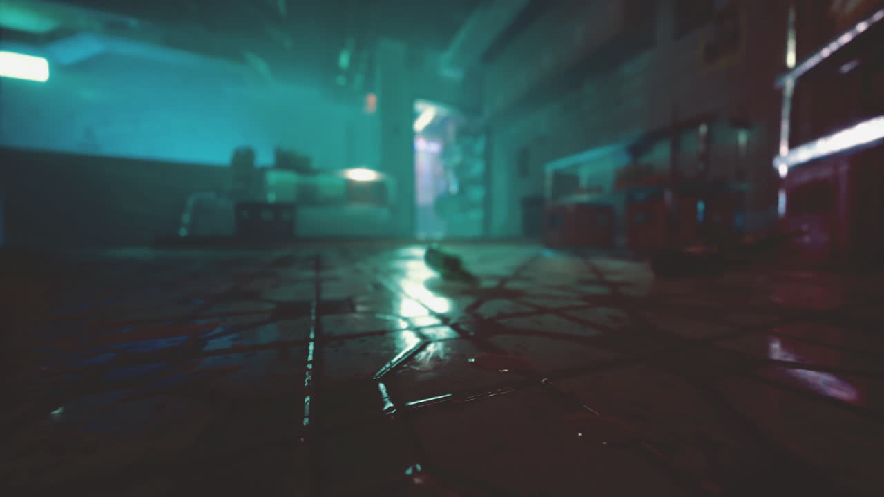 Shadows and reflections in an abandoned urban space during nighttime