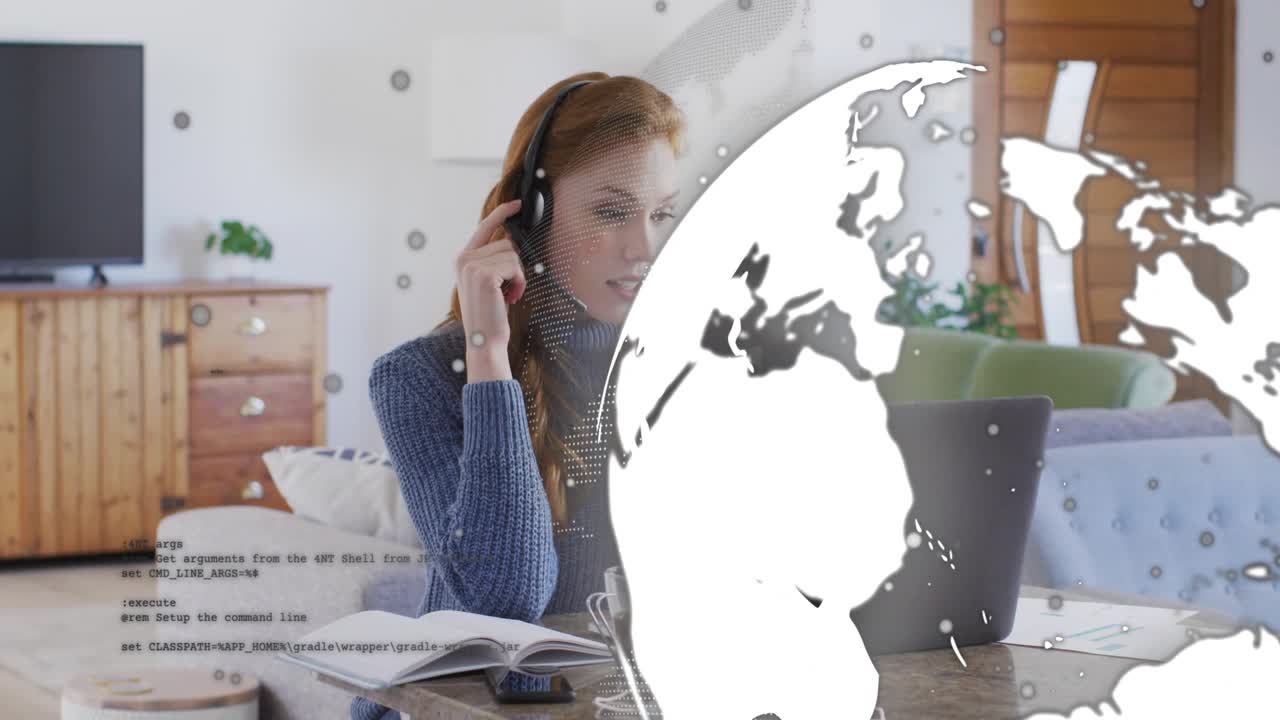 Woman using notes, talking on laptop while rotating globe overlay shifting view driving work focus