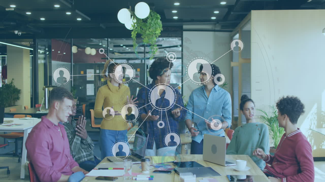 Animation of network with data processing over diverse business people working in office