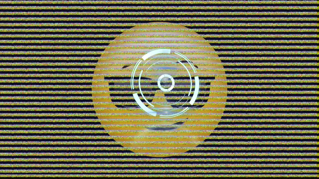 escáner de neón redondo y efecto estático de televisión sobre la cara con gafas de sol emoji