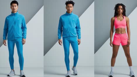 dynamic athletic fashion showcase featuring vibrant activewear for men and women, highlighting versatile outfits in a modern setting with stylish accessories