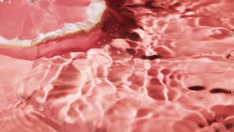 video of slice of red grapefruit falling into water with copy space on red background