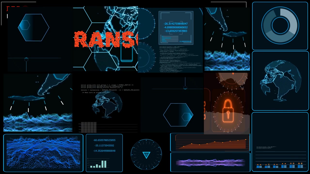 Monitor Digital CCTV has locked graph bar radar detected was attact by ransomeware and encryption effect text cover on screen