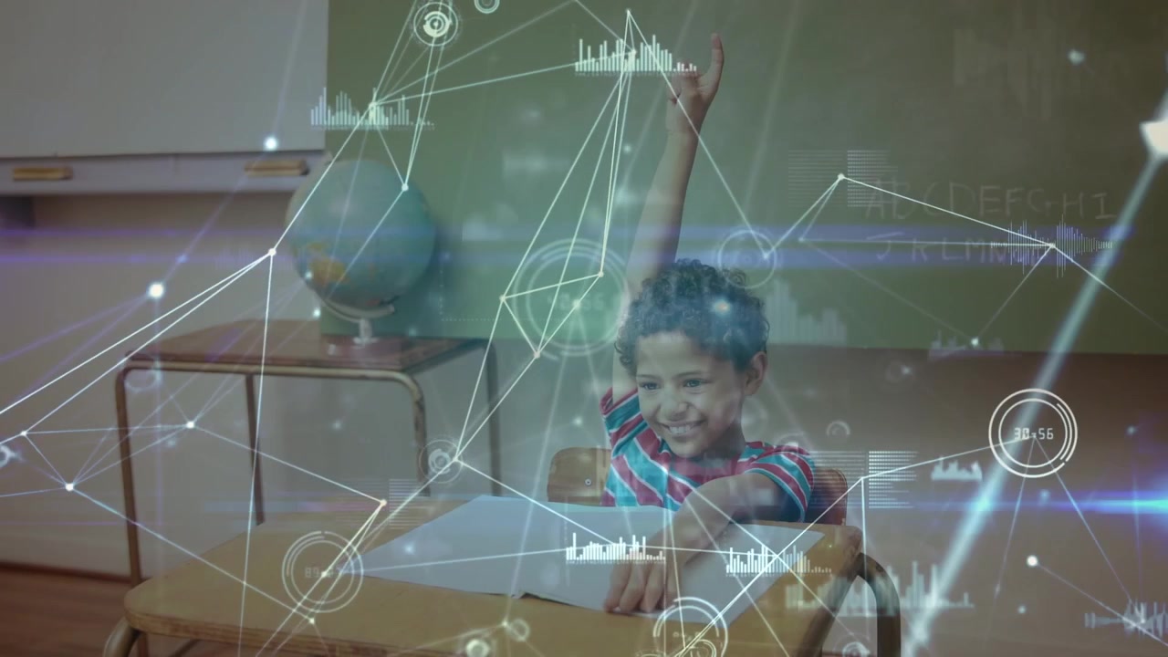 Young Student Raising Hand in Classroom with Digital Data Overlay