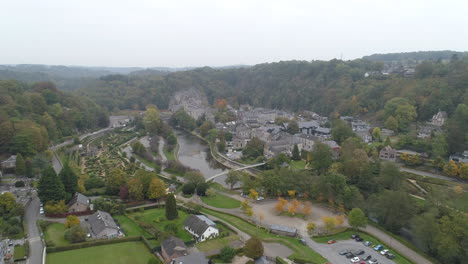 aerial drone shot revealing durbuy, smallest city in belgium