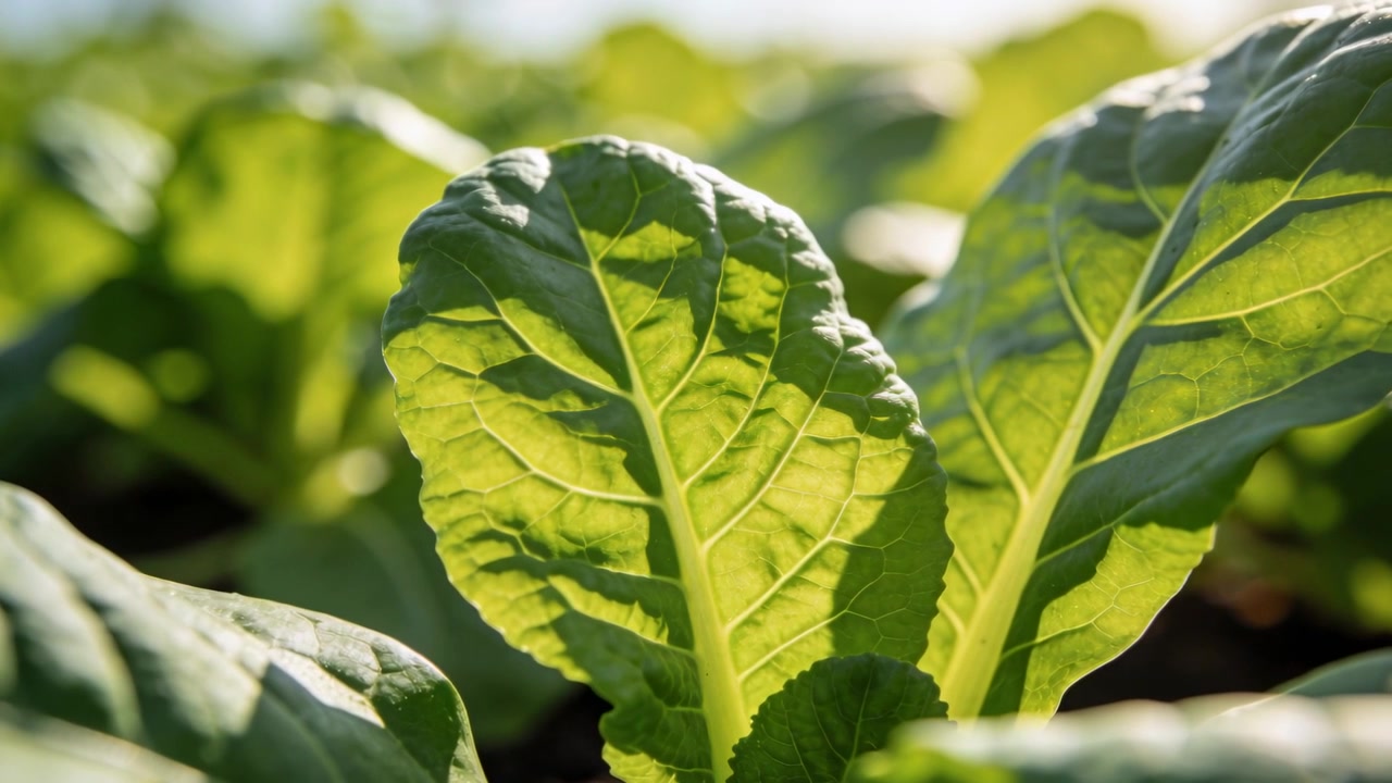 Swaying central leafy green plant showing backlit veins in planted row under sunlight and breeze