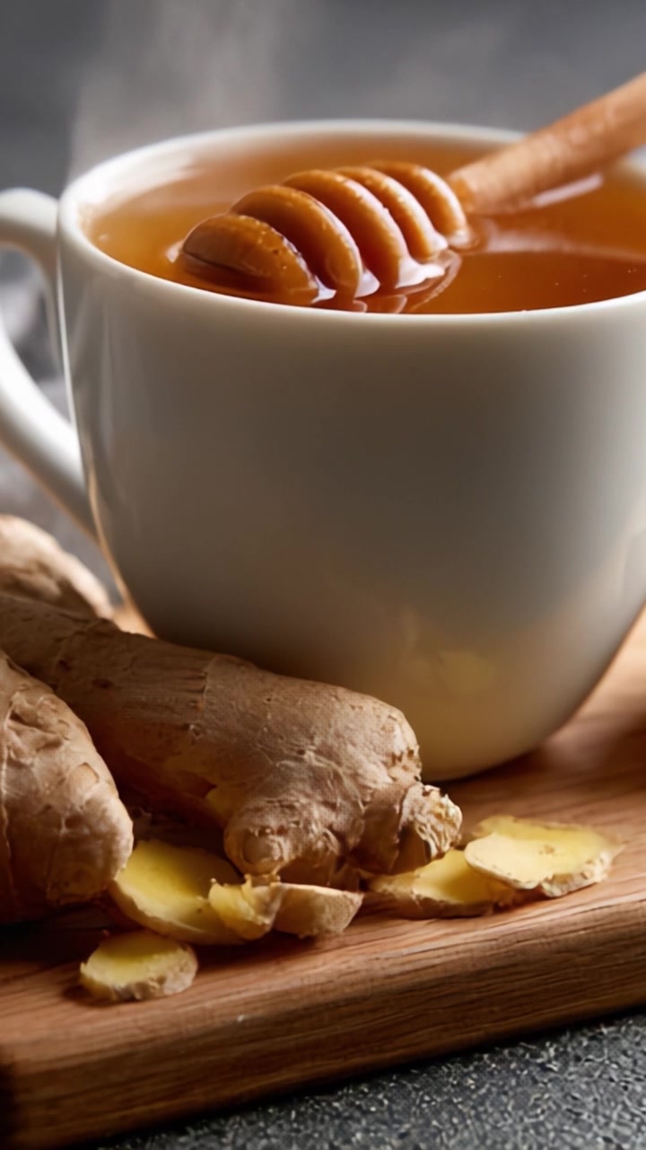 Una tazza accogliente di tè allo zenzero con miele: calore e comfort invitanti in una tazza bianca circondata da zenzero fresco su un tagliere di legno.