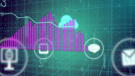 Balkendiagramm-Und-Cloud-Computing-Symbolanimation-über-Digitalem-Rasterhintergrund