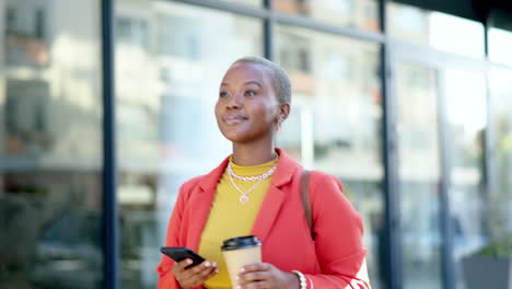 Phone,-coffee-break-and-black-woman-in-city-on-5g