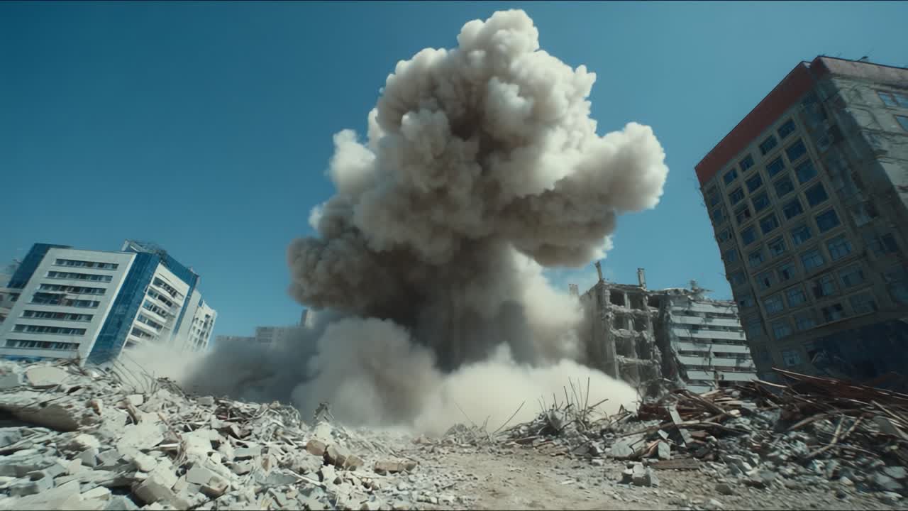 Eine dramatische Explosion entfaltet sich: Fesselndes Filmmaterial eines Gebäudeabrisses inmitten einer Wolke aus Staub und Trümmern, die in einen klaren blauen Himmel aufsteigt.