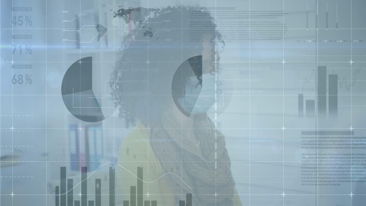 Animation of digital interface showing statistics with woman in office wearing face masks
