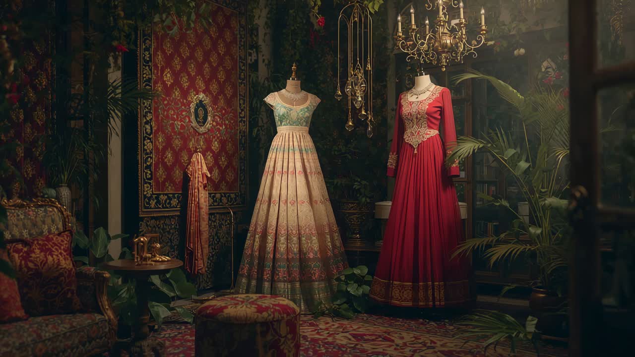 Capturing camera fixed view in parlor, showcasing mannequins wearing pastel gown and red dress