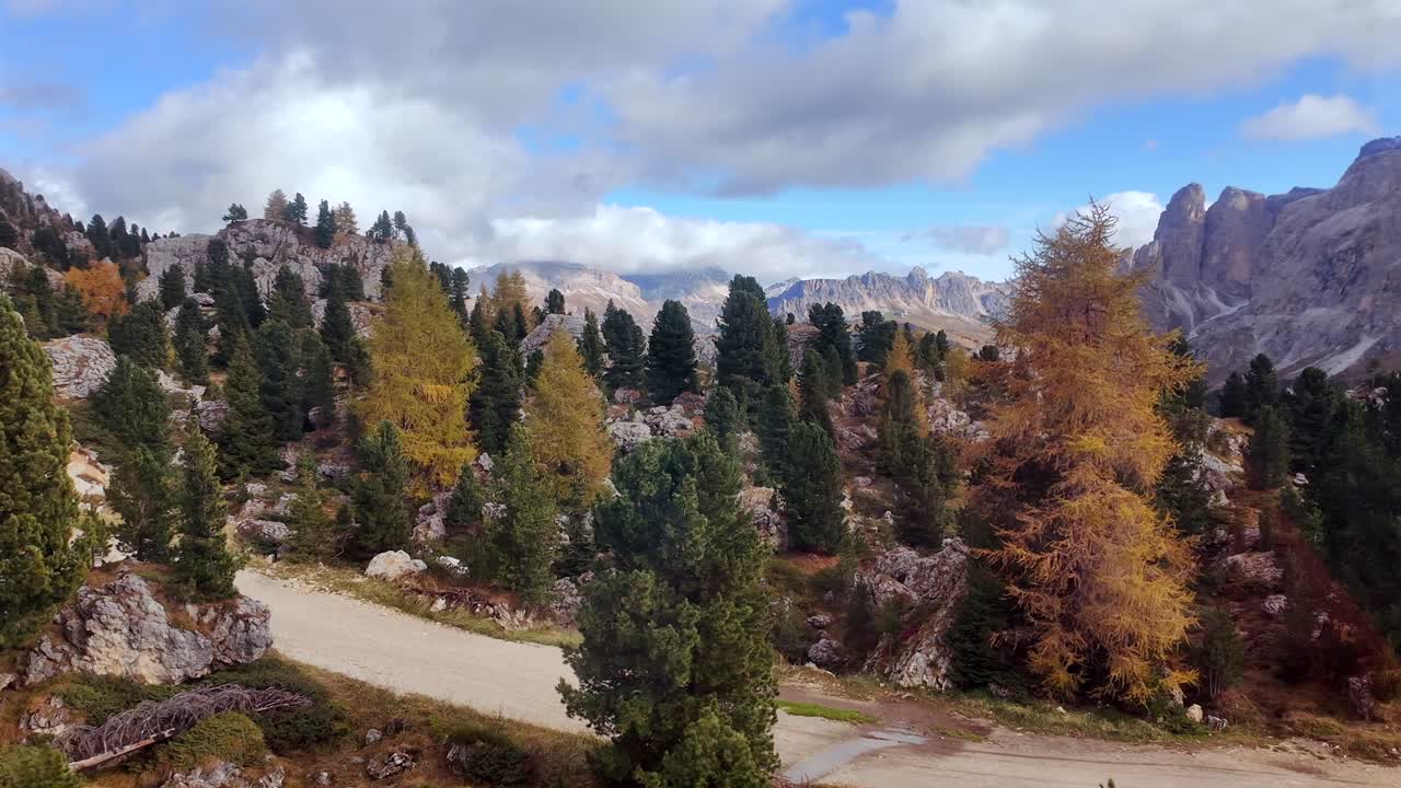 A mountain road winds through a rugged landscape in the Dolomites, surrounded by autumn-colored trees and jagged rocks. Pine and larch trees stand out against the rocky cliffs and cloudy sky.