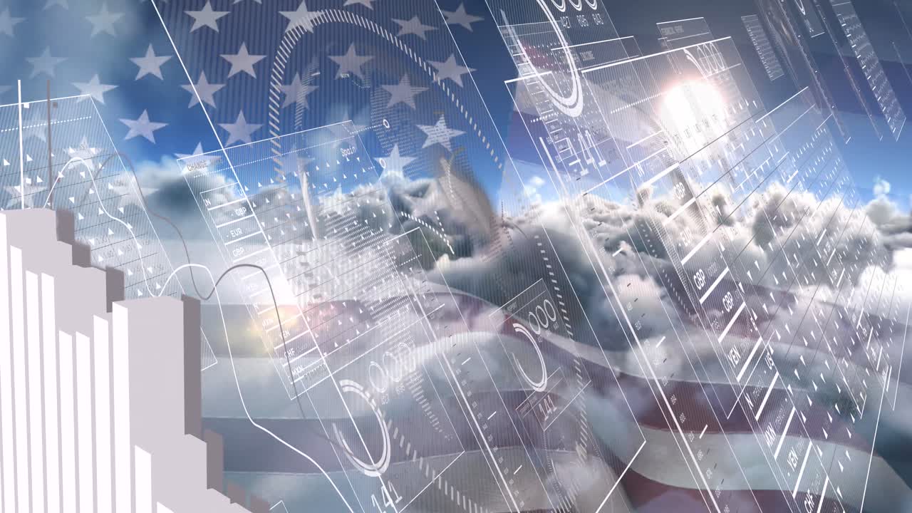 animación de la bandera estadounidense y procesamiento de datos financieros