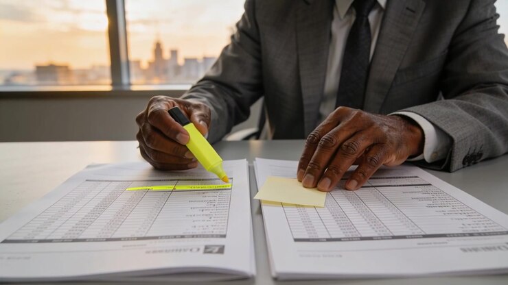 Beginning review, man in suit and tie marking tables at desk using yellow highlighter for report