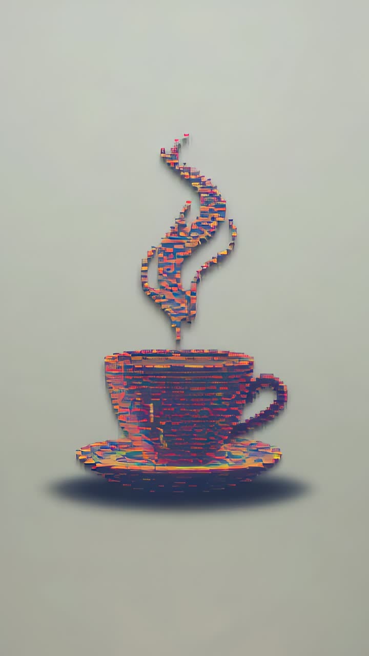 Vertical video: Rising tile steam curling from tile cup rim above saucer on pale wall showing heat