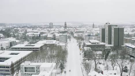 drone aerial of the university city göttingen after snow storm tristan in the winter of 2021