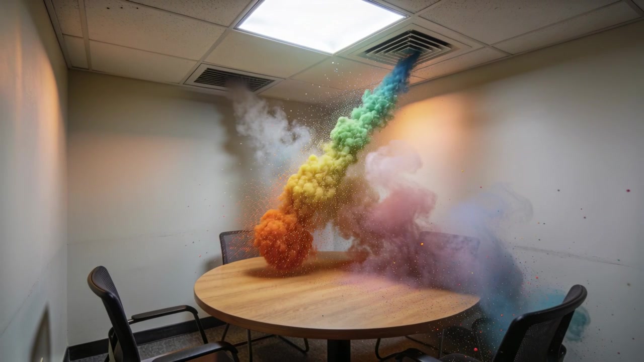 Ceiling vent sending multicolored plume onto round wooden meeting table in office, glitter rising