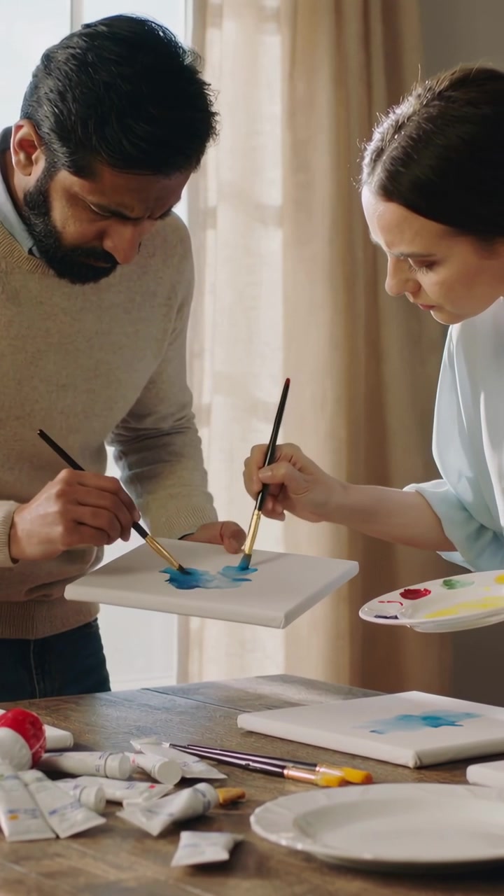 Video vertical: Pareja inclinada con ropa informal pintando marcas azules en un lienzo en casa, creando arte.
