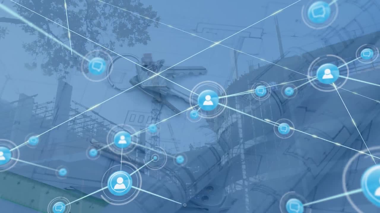 집 열 ⁇ 와 건축가의 도면 위의 아이콘으로 연결 네트워크의 애니메이션